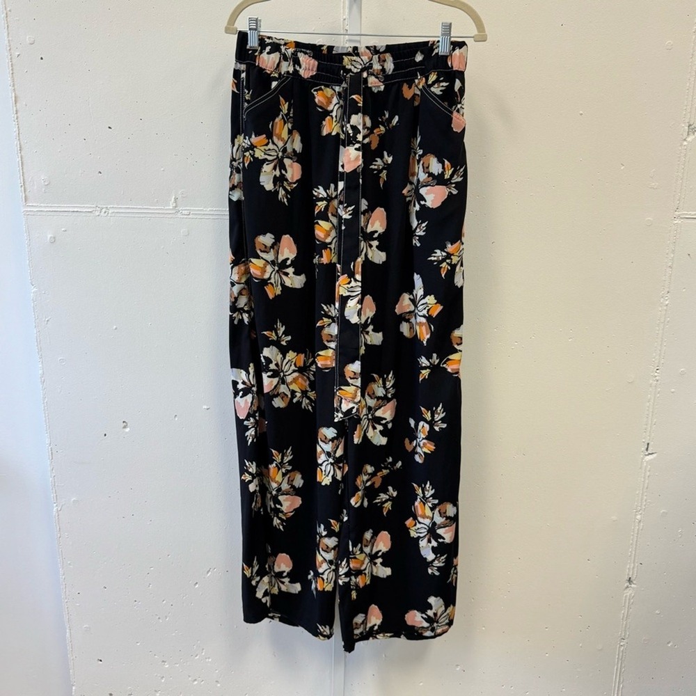 Who What Wear Floral Wide Leg Pants‎ Black Pink Orange Sz M Elastic Waist Belted